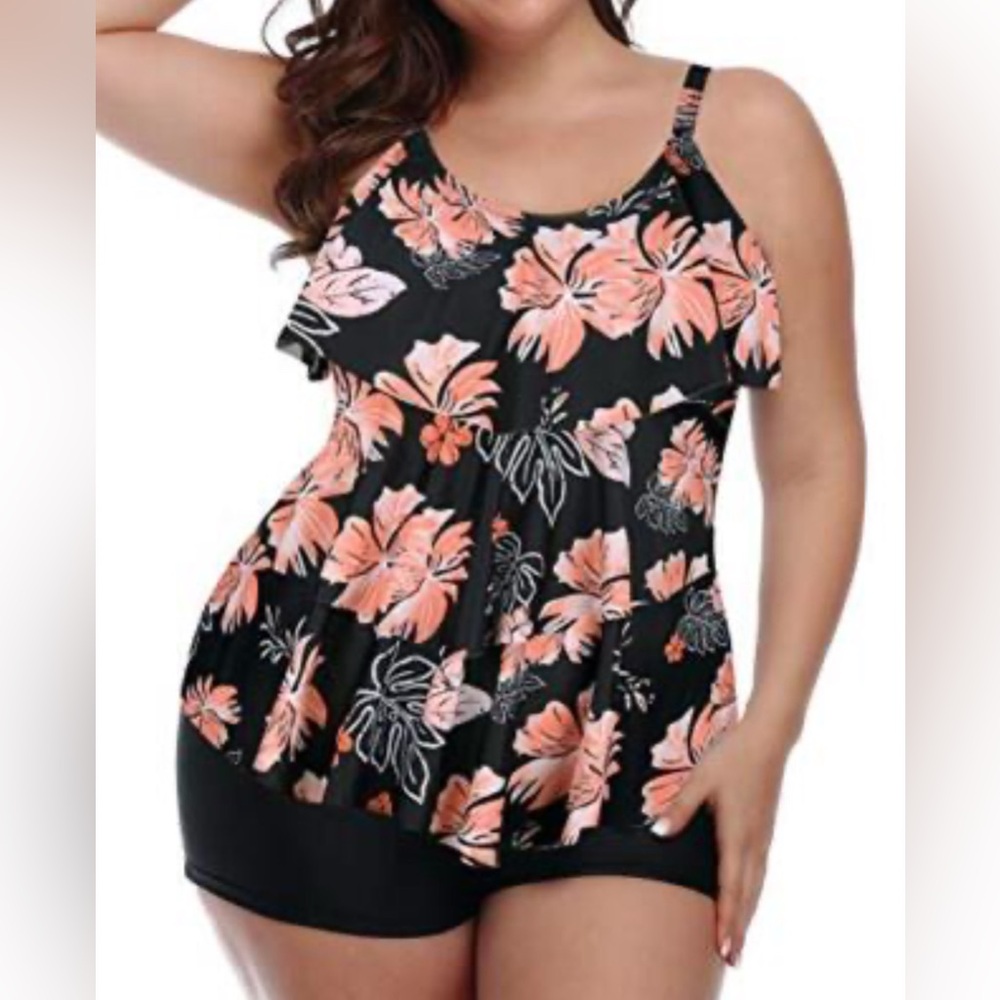 Younique Black and Pink Floral Two piece Swimsuit Set